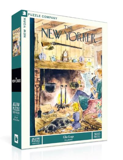 The Glo-Logs jigsaw puzzle from New York Puzzle Company features a detailed illustration for The New Yorker, depicting a cozy fireplace scene with a child and a dog near a fireplace, surrounded by logs and playful elements. The puzzle contains 500 pieces and is designed for puzzle enthusiasts.