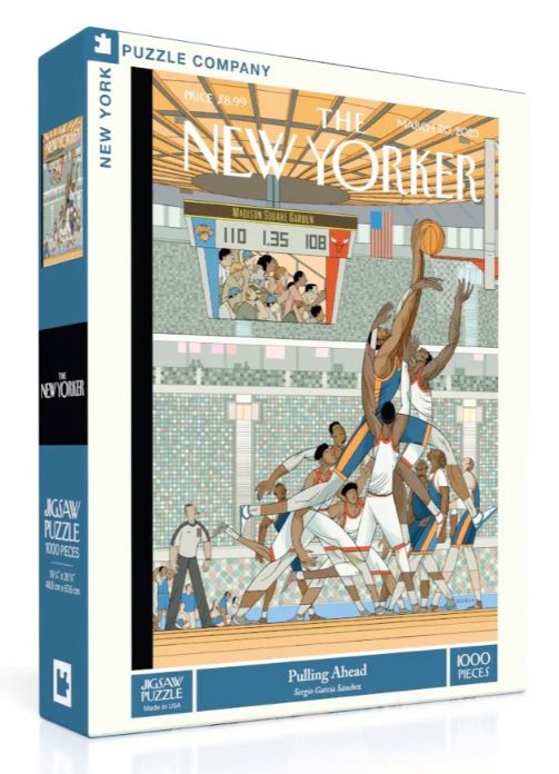 The 'Pulling Ahead' jigsaw puzzle by New York Puzzle Company features a vibrant scene of a basketball game with players in action, alongside a scoreboard showing scores of 110 and 108. The illustration includes detailed characters in various basketball uniforms, set in a lively gymnasium atmosphere. This 1000-piece puzzle is designed to challenge and entertain puzzle enthusiasts.