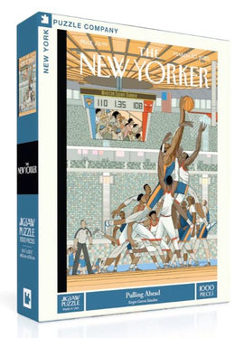 The 'Pulling Ahead' jigsaw puzzle by New York Puzzle Company features a vibrant scene of a basketball game with players in action, alongside a scoreboard showing scores of 110 and 108. The illustration includes detailed characters in various basketball uniforms, set in a lively gymnasium atmosphere. This 1000-piece puzzle is designed to challenge and entertain puzzle enthusiasts.