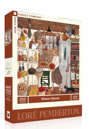 Winter Stores jigsaw puzzle by New York Puzzle Company, featuring an illustration of a cozy winter pantry filled with preserved foods, a woman gathering items, and a warm, inviting atmosphere. The box contains 500 pieces.