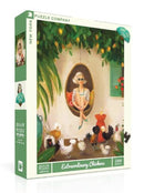 The 'Extraordinary Chickens' jigsaw puzzle by New York Puzzle Company features a whimsical illustration of a woman in sunglasses sitting in a greenery-filled setting surrounded by playful chickens. The puzzle comprises 500 pieces and showcases vibrant colors and charming details, making it a delightful challenge for puzzle enthusiasts.
