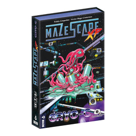 Mazescape XP: Cryo-C game box featuring vibrant artwork of a pink octopus-like creature amidst a sci-fi setting with futuristic machinery and containers, designed by Pablo Céspedes and Victor Hugo Cisternas.