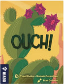The board game 'Ouch!' by Devir features vibrant artwork of cacti adorned with pink flowers. The bold title 'OUCH!' is prominently displayed against a colorful background, suggesting an engaging and playful theme about prickly challenges.