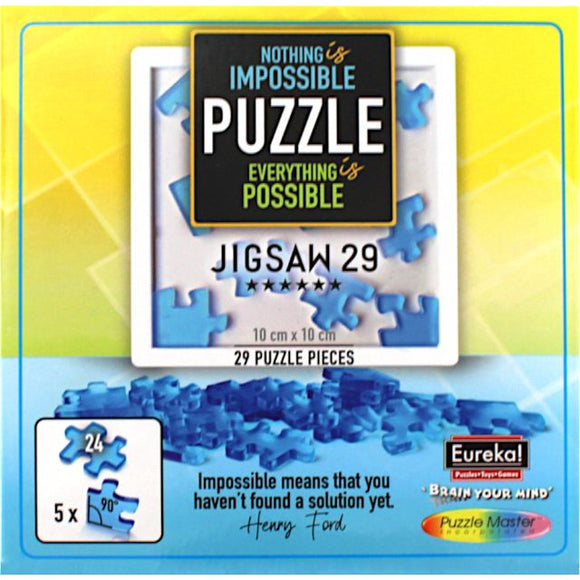 Impossible Jigsaw 29 puzzle by Hanayama features 29 interlocking pieces in blue, measuring 10 cm x 10 cm. The packaging displays the phrase "Nothing is Impossible, Everything is Possible" and includes a quote from Henry Ford about solutions. Ideal for puzzle enthusiasts looking for a challenging and engaging experience.