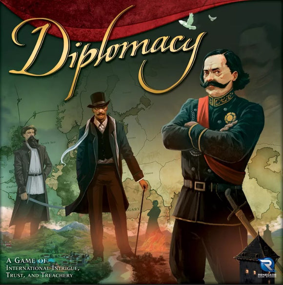 The game Diplomacy by Avalon Hill Hasbro features a dramatic cover illustration showcasing historical figures in military and formal attire. The background depicts a map with various geographical elements, symbolizing international intrigue and strategy. The title 'Diplomacy' is elegantly styled at the top, emphasizing the themes of trust and treachery inherent in the game.