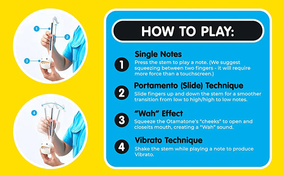 An instructional guide for playing the Otamatone Black, showcasing techniques such as Single Notes, Portamento, 'Wah' Effect, and Vibrato. The guide includes visual steps and descriptions to help users create music using the unique instrument.
