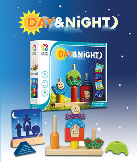 SmartGames Day & Night mechanical puzzle featuring colorful wooden pieces designed for preschoolers. The set includes a variety of shapes, smiles, and an image guide featuring challenges for building. Suitable for one player aged 2 and up.