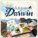 A beautifully illustrated game titled 'In the Footsteps of Darwin,' featuring a detailed open book with various colorful animal illustrations, including a panda, tiger, and other species. A hand is seen pointing to the book, surrounded by sketches and a vintage ink pot, evoking a sense of exploration and discovery.