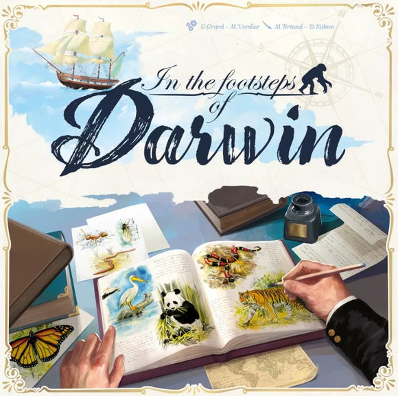 A beautifully illustrated game titled 'In the Footsteps of Darwin,' featuring a detailed open book with various colorful animal illustrations, including a panda, tiger, and other species. A hand is seen pointing to the book, surrounded by sketches and a vintage ink pot, evoking a sense of exploration and discovery.