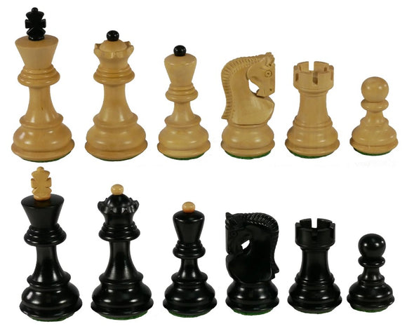 A complete set of chess pieces featuring 3-inch kings in black and boxwood with opposite tops. The pieces are beautifully crafted, showcasing traditional shapes including rooks, knights, bishops, and pawns. The set is laid out neatly for clear visibility, highlighting the contrasting colors of the black and boxwood pieces.