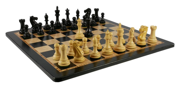 A beautifully crafted chess set featuring black and boxwood pieces, with a 4-inch king height, positioned on a 20.5-inch chessboard. The board has a classic checkered design, showcasing the elegant contrast between the black squares and the wooden finish. The pieces are intricately designed and ready for a strategic game of chess.
