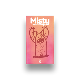 Misty card game by Helvetiq features playful artwork showcasing a whimsical monster with raised arms on a vibrant gradient background of pink and orange. Ideal for family game nights or parties, this card game offers fun and excitement for players of all ages.