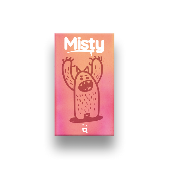 Misty card game by Helvetiq features playful artwork showcasing a whimsical monster with raised arms on a vibrant gradient background of pink and orange. Ideal for family game nights or parties, this card game offers fun and excitement for players of all ages.
