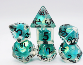 The Siren Sparkle RPG Dice Set by Foam Brain features a collection of vibrant, iridescent polyhedral dice. The set includes various shapes, showcasing turquoise and clear colors with bold black numbers. Perfect for tabletop gaming enthusiasts, these eye-catching dice add style and flair to any RPG session.