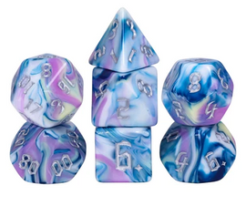 A vibrant Blooming Violets RPG Dice Set from Foam Brain featuring a collection of seven colorful polyhedral dice. The dice showcase a marbled pattern of purples, blues, and greens with silver numbering, perfect for tabletop gaming and RPG enthusiasts. The set includes a D20, D12, D10, D8, D6, D4, and a percentile die, all crafted to enhance your gaming experience.