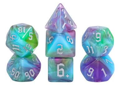 A colorful set of RPG dice featuring various shapes including a dodecahedron, tetrahedron, and other polyhedral dice in vibrant shades of blue, green, and purple. The numbers are clearly visible in white, enhancing clarity for gameplay.