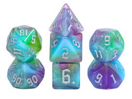 A colorful set of RPG dice featuring various shapes including a dodecahedron, tetrahedron, and other polyhedral dice in vibrant shades of blue, green, and purple. The numbers are clearly visible in white, enhancing clarity for gameplay.