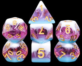 A No Way Up RPG Dice Set by Foam Brain, featuring a variety of colorful dice in a striking design. The set includes a dodecahedron, tetrahedron, and several polyhedral dice, showcasing vibrant purple and white colors with gold numbering, making it perfect for tabletop gaming enthusiasts.