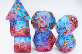A vibrant Mermaid Blood RPG Dice Set by Foam Brain featuring various polyhedral dice in shades of blue and pink, with glimmering accents and embossed golden numbers. The set includes a pyramid, tetrahedron, and cube-shaped dice, perfect for tabletop gaming enthusiasts.