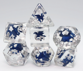 A beautifully designed Pegasus RPG Dice Set by Foam Brain, featuring various polyhedral dice including a tetrahedron, cube, dodecahedron, and octahedron. Each die is translucent with deep blue accents and engraved silver numbers, showcasing intricate pegasus designs within. The dice are arranged to display their unique shapes and colors, perfect for tabletop gaming.