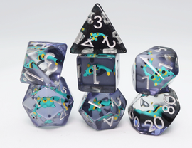 A vibrant Turquoise Koi RPG Dice Set featuring six polyhedral dice of various shapes including d20, d12, and d10. Each die displays intricate patterns of turquoise koi fish against a semi-transparent dark background, with silver numbers clearly visible for easy reading. The dice are stacked in an artistic arrangement, showcasing their unique designs and colors, perfect for tabletop gaming.