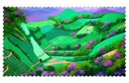 A vibrant jigsaw puzzle featuring a scenic view of rolling green hills and lush landscapes with patches of purple flowers. The artwork captures the beauty of nature, showcasing winding paths and a serene atmosphere, perfect for puzzle enthusiasts and nature lovers.