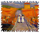 A beautifully crafted jigsaw puzzle featuring an artwork depicting two women walking down a pier. The vibrant colors capture a beach scene with umbrellas, people enjoying the shore, and quaint buildings in the background. This puzzle showcases the artistic style of William Glack and is made by Artifact Wooden Puzzles.