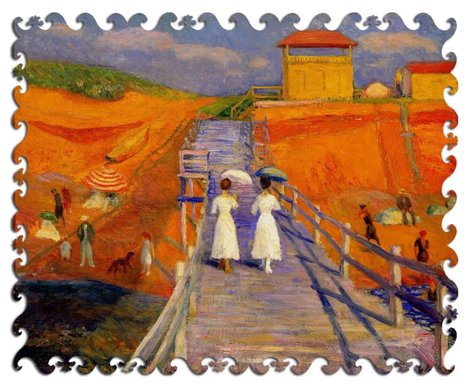 A beautifully crafted jigsaw puzzle featuring an artwork depicting two women walking down a pier. The vibrant colors capture a beach scene with umbrellas, people enjoying the shore, and quaint buildings in the background. This puzzle showcases the artistic style of William Glack and is made by Artifact Wooden Puzzles.