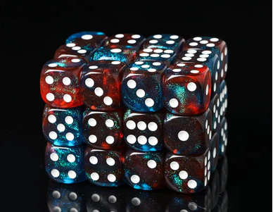A colorful 12-piece D6 dice set featuring a mix of red, blue, and black speckled dice, each displaying white dots on their faces. These dice are perfect for tabletop games and role-playing adventures, combining vibrant aesthetics with functionality.