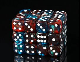 A colorful 12-piece D6 dice set featuring a mix of red, blue, and black speckled dice, each displaying white dots on their faces. These dice are perfect for tabletop games and role-playing adventures, combining vibrant aesthetics with functionality.
