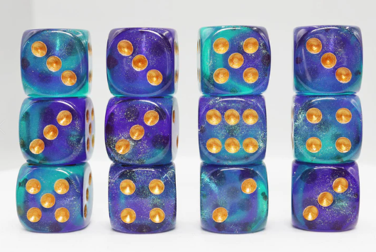 A vibrant set of 12 glittery D6 dice in hues of purple and teal. The dice are stacked in two columns, showcasing their glossy finish and the golden dots representing numbers. The rich colors and sparkling glitter make these dice perfect for tabletop gaming.