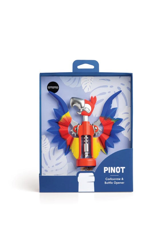Colorful Pinot Corkscrew by OToto designed in the shape of a parrot. Features vibrant blue wings and a metallic corkscrew mechanism. Comes in a stylish packaging with tropical leaf designs.