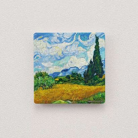 A jigsaw puzzle featuring Vincent van Gogh's iconic painting 'Cypresse'. The image shows vibrant blue skies, lush greenery, and a tall cypress tree amidst golden fields. Perfect for art enthusiasts and puzzle lovers alike.