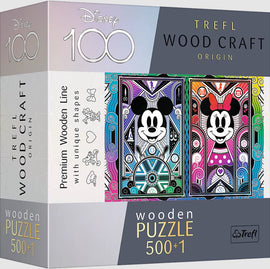 Mickey & Minnie 100th Anniversary jigsaw puzzle by Trefl featuring vibrant illustrations of Mickey Mouse and Minnie Mouse. The premium wooden puzzle includes 500 unique pieces designed with intricate patterns, perfect for collectors and Disney fans alike.