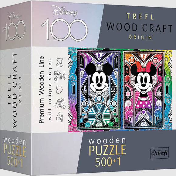 Mickey & Minnie 100th Anniversary jigsaw puzzle by Trefl featuring vibrant illustrations of Mickey Mouse and Minnie Mouse. The premium wooden puzzle includes 500 unique pieces designed with intricate patterns, perfect for collectors and Disney fans alike.