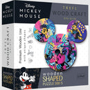 Disney Mickey Wood Puzzle by Trefl featuring colorful illustrations of Mickey Mouse and friends. The jigsaw puzzle comes in unique wooden shapes and includes 500 pieces for a fun and engaging activity for all ages.