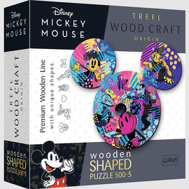Disney Mickey Wood Puzzle by Trefl featuring colorful illustrations of Mickey Mouse and friends. The jigsaw puzzle comes in unique wooden shapes and includes 500 pieces for a fun and engaging activity for all ages.