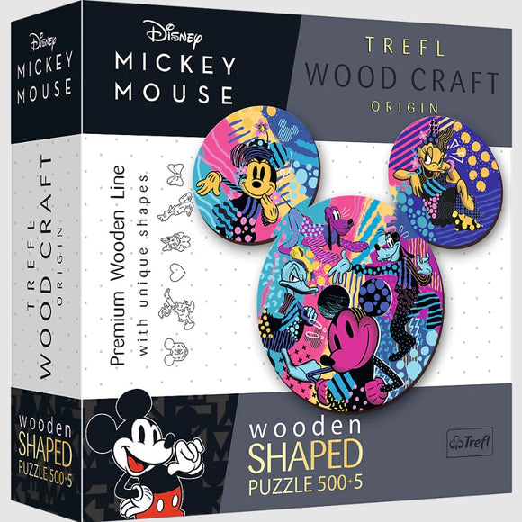 Disney Mickey Wood Puzzle by Trefl featuring colorful illustrations of Mickey Mouse and friends. The jigsaw puzzle comes in unique wooden shapes and includes 500 pieces for a fun and engaging activity for all ages.