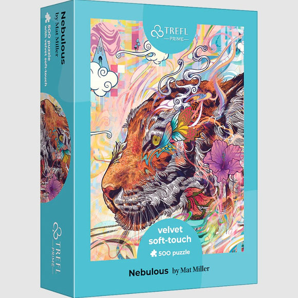 The Nebulous Velvet Puzzle by Trefl showcases a vibrant, intricately designed image of a tiger with colorful floral and abstract elements. This 500-piece jigsaw puzzle features a soft-touch finish, offering a unique tactile experience during assembly. Ideal for puzzle enthusiasts looking for an artistic challenge.