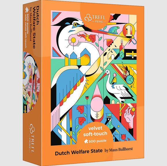 Trefl Dutch Welfare State Velvet Puzzle box featuring vibrant artwork by Maus Bullhorst. The puzzle includes 500 pieces made with soft-touch velvet finish, ideal for puzzle enthusiasts.