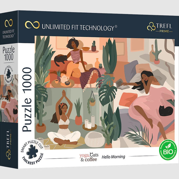 A colorful jigsaw puzzle illustration by Trefl titled 'Yoga, Cats & Coffee Hello Morning'. The design features serene scenes of women engaging in yoga, surrounded by plants and cozy settings, evoking a peaceful morning vibe. Perfect for cat lovers and yoga enthusiasts alike.