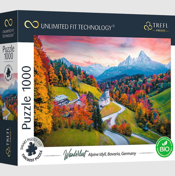 Wanderlust jigsaw puzzle by Trefl featuring a stunning landscape of Alpine Bavaria, Germany. The image showcases vibrant autumn foliage with rolling hills and a quaint church nestled in the scenery, framed by majestic mountains in the background. This 1000-piece puzzle uses Trefl's Unlimited Fit Technology for a perfect fit.