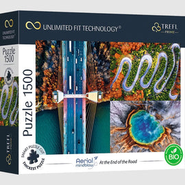 Trefl's Aerial Mindblow jigsaw puzzle titled 'At the End of the Road.' The box features a vibrant aerial photograph showcasing a winding road, lush forests, and unique geographical formations in stunning colors. Designed for puzzle enthusiasts, it includes 1500 pieces with smart puzzle cut technology for a seamless fit.