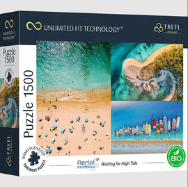 Trefl jigsaw puzzle titled 'Aerial Mindblow Waiting for High Tide', featuring a vibrant aerial view with images of beaches, water, and seaside activities. The box showcases the puzzle's quality and design, highlighting it as a 1500-piece puzzle with Smart Puzzle Cut for perfect fit and thick pieces.