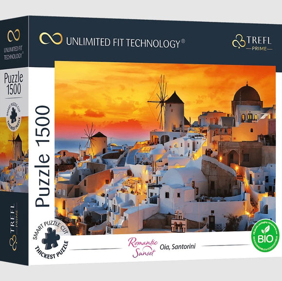 A jigsaw puzzle box featuring a stunning sunset view of Oia, Santorini. The artwork depicts white architecture and windmills bathed in warm golden hues. The box states it contains 1500 pieces and highlights Trefl's Unlimited Fit Technology for a seamless assembly experience.