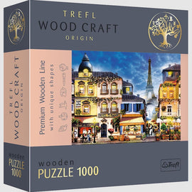 Trefl French Alley Wood Puzzle features a captivating jigsaw design of a charming Parisian street scene with vibrant buildings, outdoor cafes, and the Eiffel Tower in the background. This premium 1000-piece wooden puzzle offers unique shapes and intricate details, perfect for puzzle enthusiasts looking for a delightful challenge.