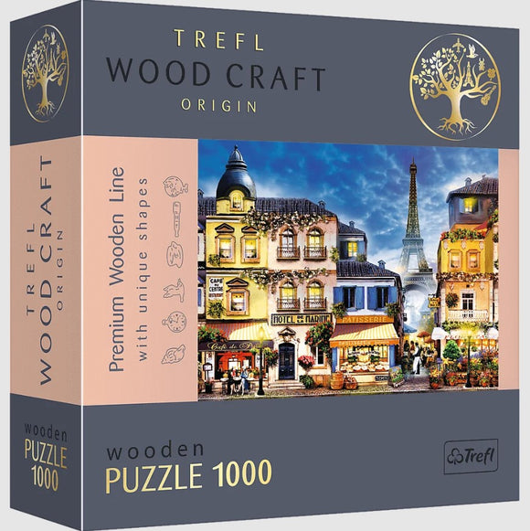 Trefl French Alley Wood Puzzle features a captivating jigsaw design of a charming Parisian street scene with vibrant buildings, outdoor cafes, and the Eiffel Tower in the background. This premium 1000-piece wooden puzzle offers unique shapes and intricate details, perfect for puzzle enthusiasts looking for a delightful challenge.