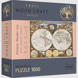 Trefl Ancient World Map Wood Puzzle packaging featuring the beautifully detailed design of an old world map, highlighted by intricate illustrations and vibrant colors. This 1000-piece jigsaw puzzle presents unique wooden shapes for an engaging and enriching experience.