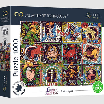 Trefl Cosmic Alchemy Zodiac Signs jigsaw puzzle, featuring vibrant illustrations of the twelve zodiac signs with intricate designs. The box highlights 'Unlimited Fit Technology' and includes 1000 pieces, perfect for astrology lovers and puzzle enthusiasts alike.