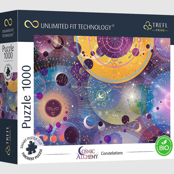 Trefl's Cosmic Alchemy Constellations jigsaw puzzle box featuring a vibrant cosmic design with celestial elements like stars, planets, and constellations. The puzzle includes 1000 pieces and highlights various zodiac signs against a colorful galaxy backdrop.